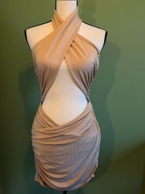 SHEIN Taupe Crisscross Cutout Bodycon Mini Dress Sexy